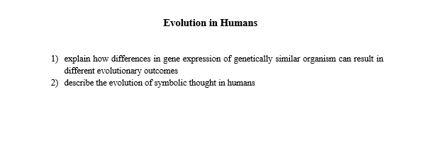 Evolution in Humans
1) explain how differences in gene expression of genetically similar organism can result in
different evolutionary outcomes
2) describe the evolution of symbolic thought in humans
