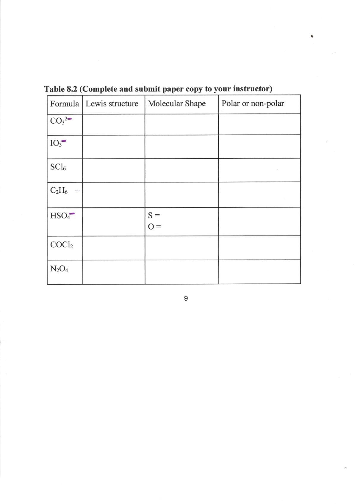 Table 8.2 (Complete and submit paper copy to your instructor)
Formula | Lewis structure
Molecular Shape
Polar or non-polar
CO;2-
IO;
SCI6
C¿H6
HSO,
S =
%3D
COCI2
N2O4
9.
