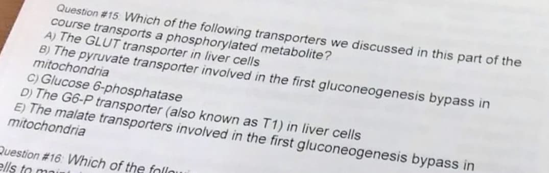Question #15 Which of the following transporters we discussed in this part of the
course transports a phosphorylated metabolite?
A) The GLUT transporter in liver cells
B) The pyruvate transporter involved in the first gluconeogenesis bypass in
mitochondria
C) Glucose 6-phosphatase
D) The G6-P transporter (also known as T1) in liver cells
E) The malate transporters involved in the first gluconeogenesis bypass in
mitochondria
Question # 16: Which of the follou
ells to mair
