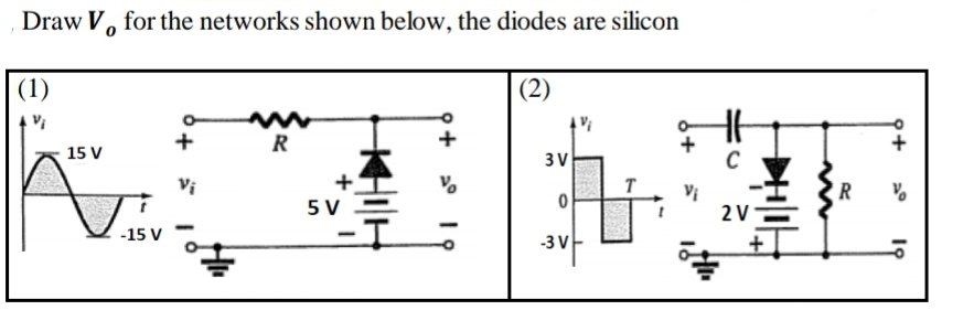 Draw V, for the networks shown below, the diodes are silicon
(1)
(2)
R
+
+
15 V
3 V
Vi
R
5 V
2 V
-15 V
-3 V
19
