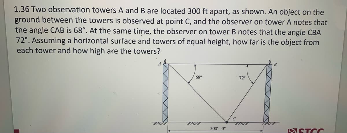 1.36 Two observation towers A and B are located 300 ft apart, as shown. An object on the
ground between the towers is observed at point C, and the observer on tower A notes that
the angle CAB is 68°. At the same time, the observer on tower B notes that the angle CBA
72°. Assuming a horizontal surface and towers of equal height, how far is the object from
each tower and how high are the towers?
A
B
68°
72°
C
300' - 0"
ASTCO

