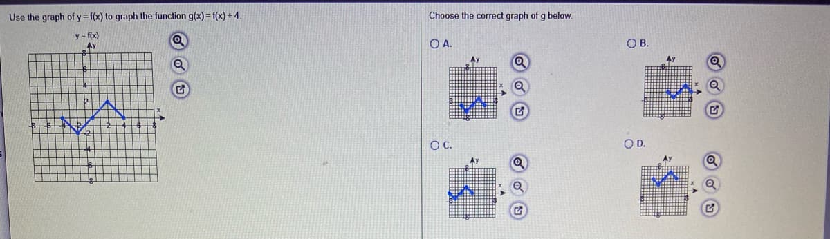 Use the graph of y = f(x) to graph the function g(x) =f(x) +4.
Choose the correct graph of g below.
y3f(x)
Ay
OA.
OB.
Ay
OD.
Ay
