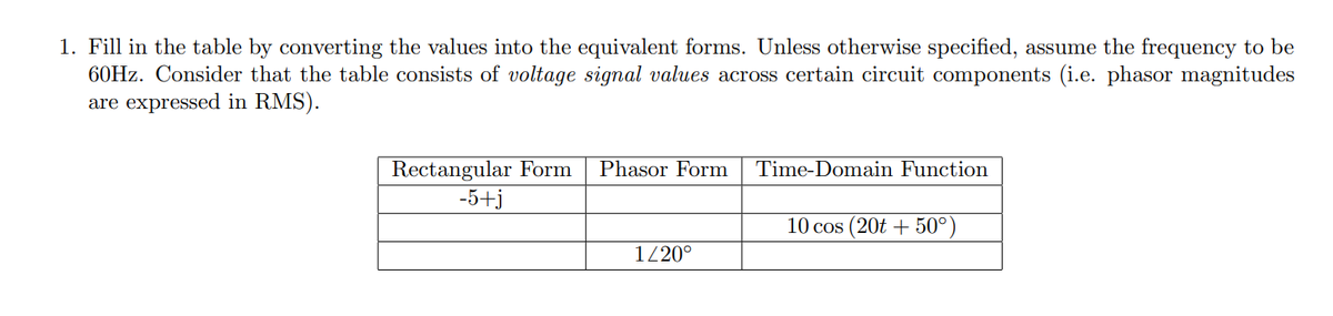 1. Fill in the table by converting the values into the equivalent forms. Unless otherwise specified, assume the frequency to be
60HZ. Consider that the table consists of voltage signal values across certain circuit components (i.e. phasor magnitudes
are expressed in RMS).
Phasor Form
Rectangular Form
-5+j
Time-Domain Function
10 cos (20t + 50°)
1220°
