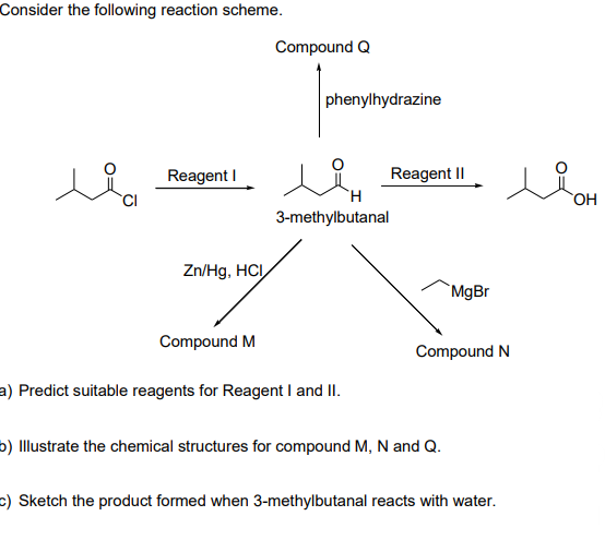 Consider the following reaction scheme.
goi
Reagent I
Zn/Hg, HCI
Compound M
Compound Q
phenylhydrazine
H
3-methylbutanal
a) Predict suitable reagents for Reagent I and II.
Reagent II
MgBr
Compound N
b) Illustrate the chemical structures for compound M, N and Q.
c) Sketch the product formed when 3-methylbutanal reacts with water.
OH