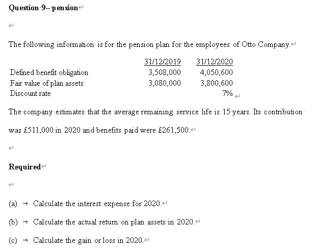 Question 9-pensione
The following information is for the pension plan for the employees of Otto Company.
31/12/2019
31/12/2020
4,050,600
Defined benefit obligation
Fair value of plan assets
3,508,000
3,080,000
3,800,600
Discount rate
7% ,
The company estimates that the average remaining service life is 15 years. Its contribution
was £511,000 in 2020 and benefits paid were £261,500.4
Requirede
(a) → Calculate the interest expense for 2020.
(b) → Calculate the actual return on plan assets in 2020.
(c) - Calculate the gain or loss in 2020.4
