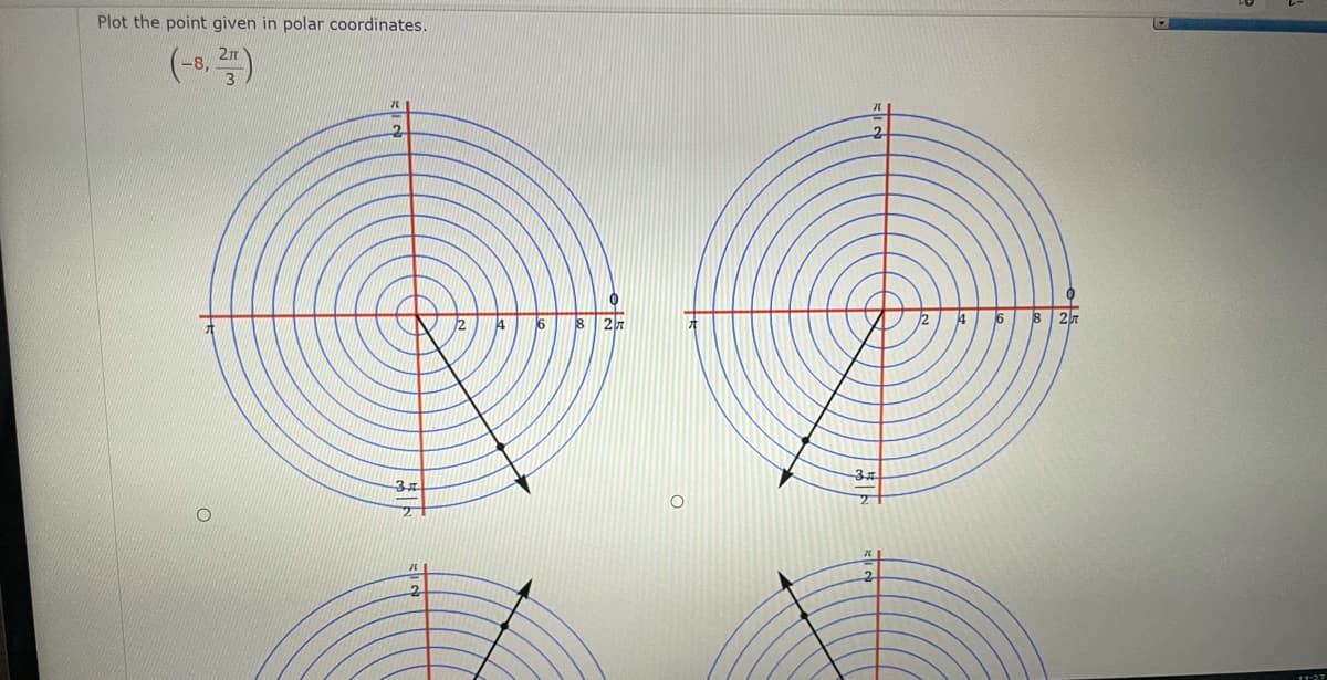 Plot the point given in polar coordinates.
(-5, )
2.
16
8 27
