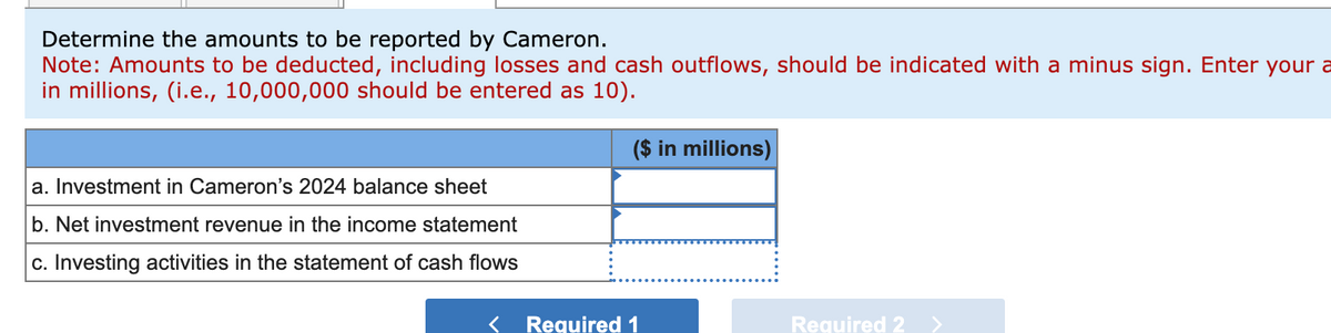 Determine the amounts to be reported by Cameron.
Note: Amounts to be deducted, including losses and cash outflows, should be indicated with a minus sign. Enter your a
in millions, (i.e., 10,000,000 should be entered as 10).
($ in millions)
a. Investment in Cameron's 2024 balance sheet
b. Net investment revenue in the income statement
c. Investing activities in the statement of cash flows
Required 1
Required 2