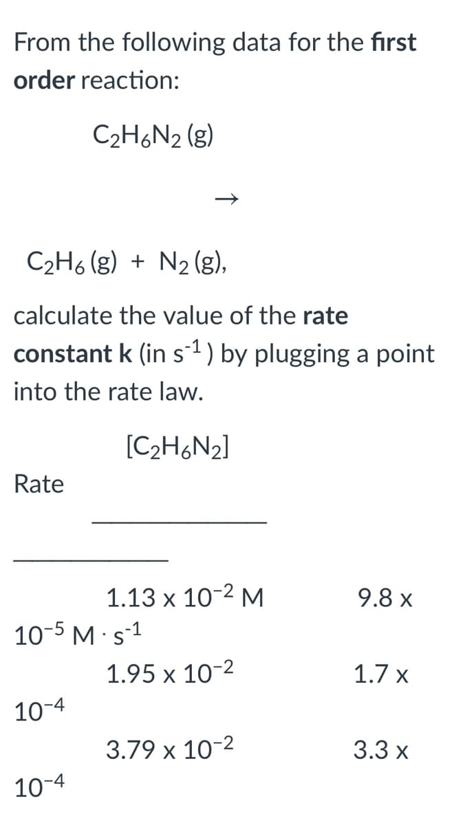 From the following data for the fırst
order reaction:
C2H6N2 (g)
C2H6 (g) + N2 (g),
calculate the value of the rate
constant k (in s1) by plugging a point
into the rate law.
[C2H6N2]
Rate
1.13 х 10-2 М
9.8 x
10-5 M·s-1
1.95 х 10-2
1.7 x
10-4
3.79 x 10-2
3.3 х
10-4
