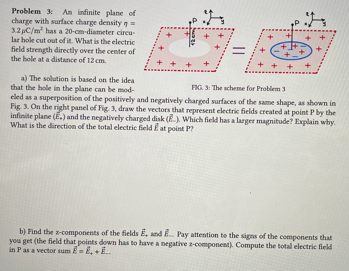 Problem 3: An infinite plane of
charge with surface charge density ŋ =
3.2 μC/m² has a 20-cm-diameter circu-
lar hole cut out of it. What is the electric
field strength directly over the center of
the hole at a distance of 12 cm.
+
+
+ + +
12 cm D
275
+
+
+
=
+
+
+ +
+
+
P
225
-
+
+
+
+ +
++
FIG. 3: The scheme for Problem 3
a) The solution is based on the idea
that the hole in the plane can be mod-
eled as a superposition of the positively and negatively charged surfaces of the same shape, as shown in
Fig. 3. On the right panel of Fig. 3, draw the vectors that represent electric fields created at point P by the
infinite plane (E+) and the negatively charged disk (E-). Which field has a larger magnitude? Explain why.
What is the direction of the total electric field E at point P?
b) Find the z-components of the fields E and E. Pay attention to the signs of the components that
you get (the field that points down has to have a negative z-component). Compute the total electric field
in P as a vector sum E = E + E.