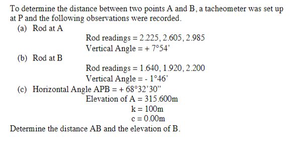 To determine the distance between two points A and B, a tacheometer was set up
at P and the following observations were recorded.
(a) Rod at A
Rod readings = 2.225, 2.605, 2.985
Vertical Angle = + 7°54'
(b) Rod at B
Rod readings = 1.640, 1.920, 2.200
Vertical Angle = - 1°46'
(c) Horizontal Angle APB = + 68°32 30"
Elevation of A = 315.600m
k = 100m
c = 0.00m
Determine the distance AB and the elevation of B.
