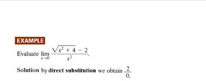 EXAMPLE
Vx² + 4 – 2
Evaluate lim
Solution by direct substitution we obtain 2
0,
