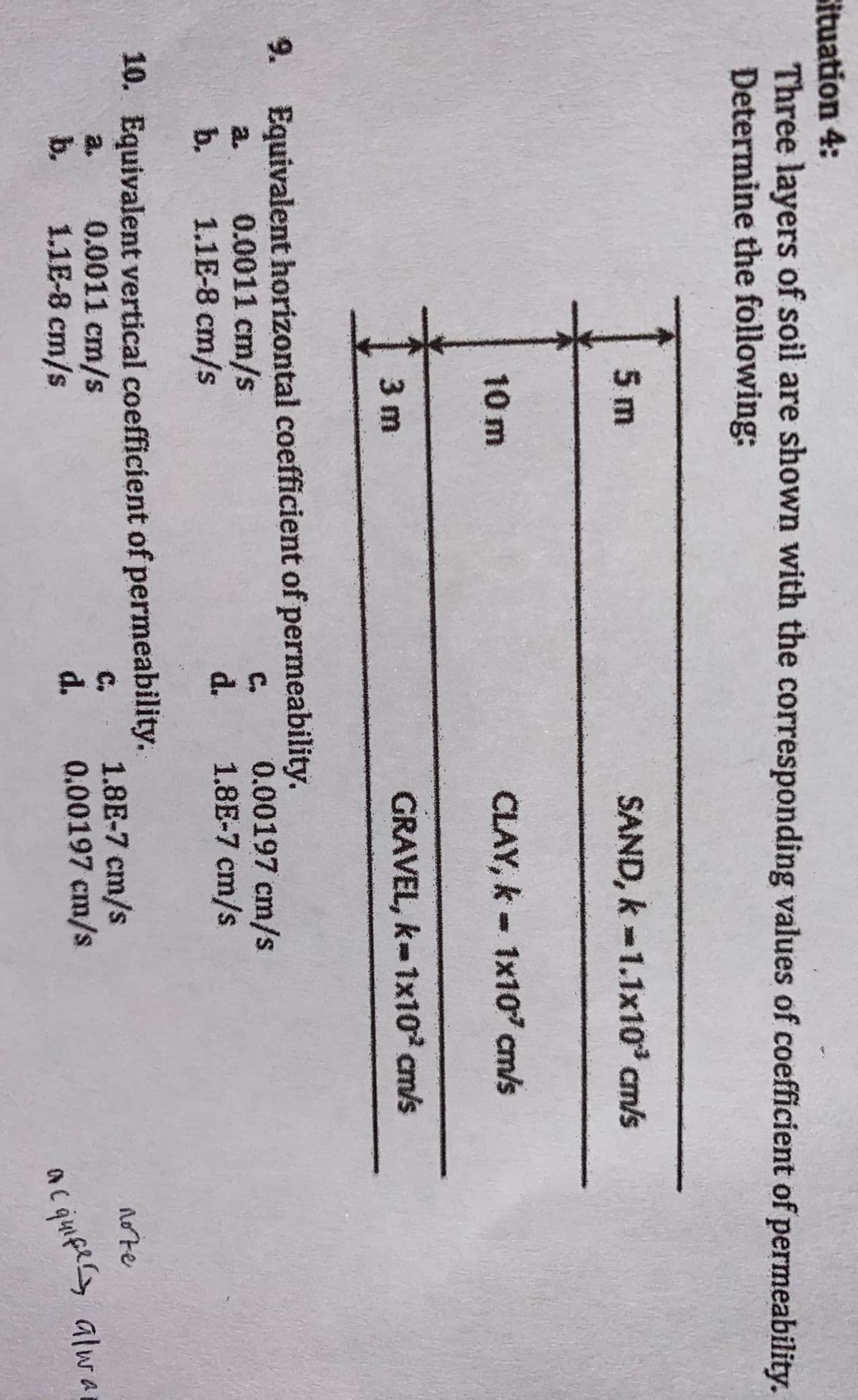 Situation 4:
Three layers of soil are shown with the corresponding values of coefficient of permeability.
Determine the following:
a.
b.
5 m
10 m
a.
b.
3 m
9. Equivalent horizontal coefficient of permeability.
0.0011 cm/s
C.
1.1E-8 cm/s
d.
10. Equivalent vertical coefficient of permeability.
c.
d.
0.0011 cm/s
1.1E-8 cm/s
SAND, k-1.1x10³ cm/s
CLAY, k = 1x10² cm/s
GRAVEL, k-1x10² cm/s
0.00197 cm/s
1.8E-7 cm/s
1.8E-7 cm/s
0.00197 cm/s
note
acquife alwa