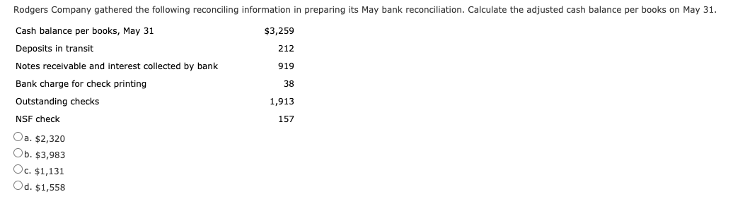 Rodgers Company gathered the following reconciling information in preparing its May bank reconciliation. Calculate the adjusted cash balance per books on May 31.
Cash balance per books, May 31
$3,259
Deposits in transit
212
Notes receivable and interest collected by bank
919
Bank charge for check printing
38
Outstanding checks
1,913
NSF check
157
Oa. $2,320
Ob. $3,983
Oc. $1,131
Od. $1,558
