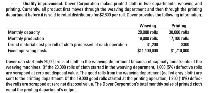 Quality improvement. Dover Corporation makes printed cloth in two departments: weaving and
printing. Currently, all product first moves through the weaving department and then through the printing
department before it is sold to retail distributors for $2,800 per roll. Dover provides the following information:
Weaving
20,000 rolls
Printing
30,000 rolls
Monthly capacity
Monthly production
Direct material cost per roll of cloth processed at each operation
Fixed operating costs
19,000 rolls
17,100 rolls
$300
$1,200
$11,400,000
$1,710,000
Dover can start only 20,000 rolls of cloth in the weaving department because of capacity constraints of the
weaving machines. Of the 20,000 rolls of cloth started in the weaving department, 1,000 (5%) defective rolls
are scrapped at zero net disposal value. The good rolls from the weaving department (called gray cloth) are
sent to the printing department. Of the 19,000 good rolls started at the printing operation, 1,900 (10%) defec-
tive rolls are scrapped at zero net disposal value. The Dover Corporation's total monthly sales of printed cloth
equal the printing department's output.
