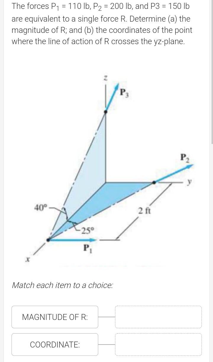 The forces P1 = 110 lb, P2 = 200 Ib, and P3 = 150 lb
are equivalent to a single force R. Determine (a) the
magnitude of R; and (b) the coordinates of the point
where the line of action of R crosses the yz-plane.
P2
40°
2 ft
-25°
Match each item to a choice:
MAGNITUDE OF R:
COORDINATE:
