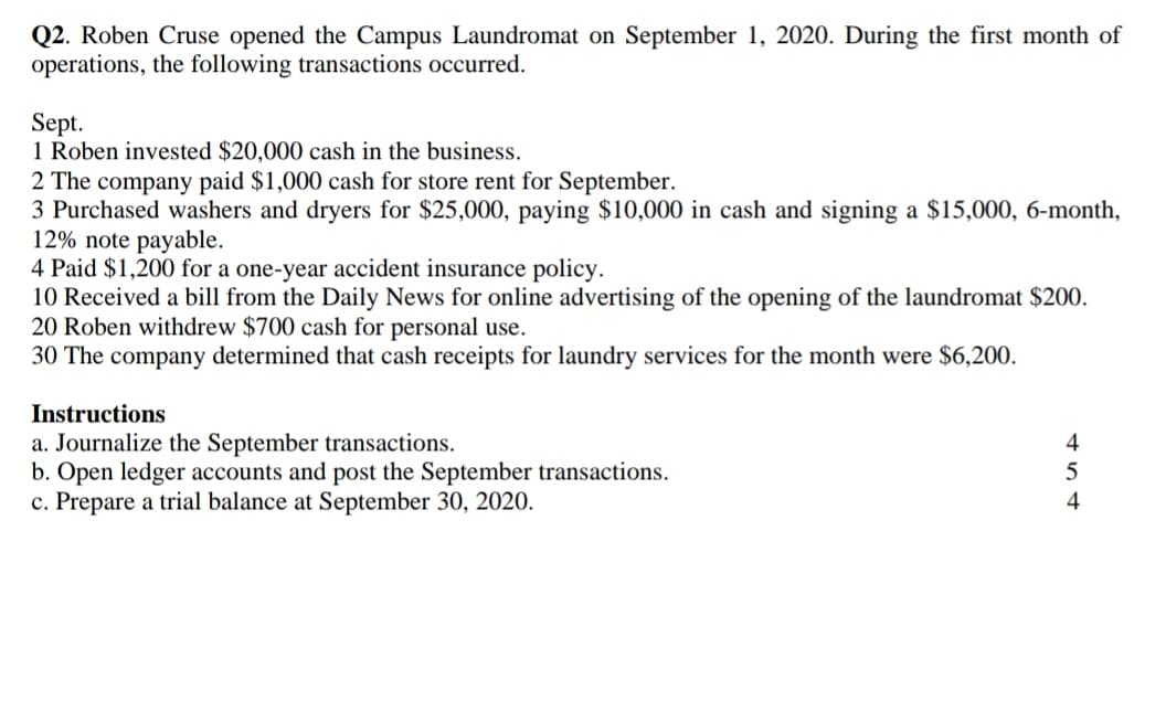 Q2. Roben Cruse opened the Campus Laundromat on September 1, 2020. During the first month of
operations, the following transactions occurred.
Sept.
1 Roben invested $20,000 cash in the business.
2 The company paid $1,000 cash for store rent for September.
3 Purchased washers and dryers for $25,000, paying $10,000 in cash and signing a $15,000, 6-month,
12% note payable.
4 Paid $1,200 for a one-year accident insurance policy.
10 Received a bill from the Daily News for online advertising of the opening of the laundromat $200.
20 Roben withdrew $700 cash for personal use.
30 The company determined that cash receipts for laundry services for the month were $6,200.
Instructions
a. Journalize the September transactions.
b. Open ledger accounts and post the September transactions.
c. Prepare a trial balance at September 30, 2020.
4
4
