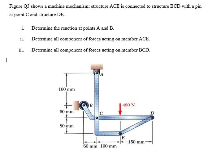 Figure Q3 shows a machine mechanism; structure ACE is connected to structure BCD with a pin
at point C and structure DE.
i. Determine the reaction at points A and B.
ii.
Determine all component of forces acting on member ACE.
Determine all component of forces acting on member BCD.
111.
160 mm
B
480 N
60 mm
D
80 mm
E
150 mm
60 mm 100 mm
