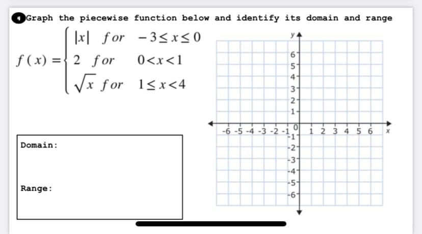 Graph the piecewise function below and identify its domain and range
|x| for -3<x<0
f( x) ={ 2 for
0<x<1
I Vx for 1<x<4
1-
-6 -5 -4 -3 -2 -1
i 2 3 4 5 6
Domain:
-2
-3
-4
-5-
Range:
-6-
654
321
