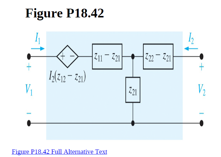 Figure P18.42
11- 721
722-21
:{212 = 21)
V1
Z21
V2
Figure P18.42 Full Alternative Text
