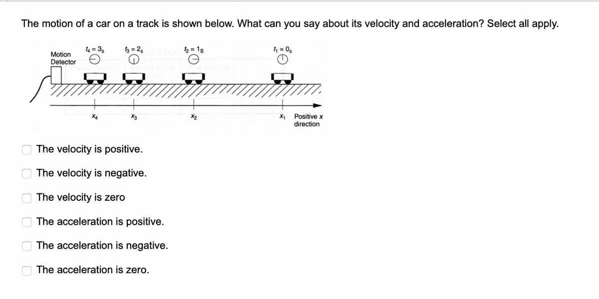 The motion of a car on a track is shown below. What can you say about its velocity and acceleration? Select all apply.
ооо
00
Motion
Detector
14=3s
X4
13=2s MOD
e
X3
The velocity is positive.
The velocity is negative.
The velocity is zero
The acceleration is positive.
The acceleration is negative.
The acceleration is zero.
t₂ = 1s
X₂
t₁ = 0₂
X₁
Positive x
direction