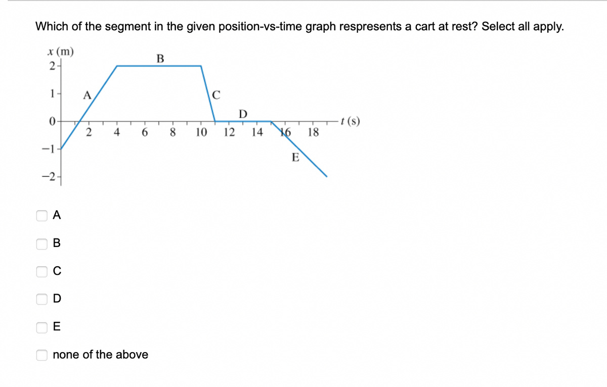 Which of the segment in the given position-vs-time graph respresents a cart at rest? Select all apply.
x (m)
B
1
A
с
JA
0-
2.
-1
-2-
ооо оо
A
B
C
D
E
D
2 4 6 8 10 12 14 X6 18
none of the above
E
(s)