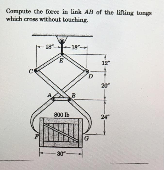 Compute the force in link AB of the lifting tongs
which cross without touching.
C
F
18"-18"
E
A
800 lb
30-
B
D
G
12"
20"
24"