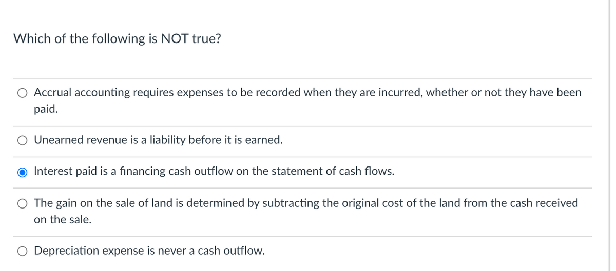 Which of the following is NOT true?
Accrual accounting requires expenses to be recorded when they are incurred, whether or not they have been
paid.
Unearned revenue is a liability before it is earned.
Interest paid is a financing cash outflow on the statement of cash flows.
The gain on the sale of land is determined by subtracting the original cost of the land from the cash received
on the sale.
Depreciation expense is never a cash outflow.

