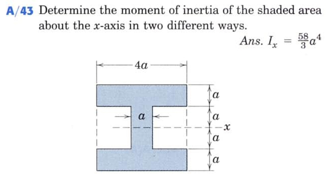 A/43 Determine the moment of inertia of the shaded area
about the x-axis in two different ways.
Ans. I
%3D
4а
a
a
a
