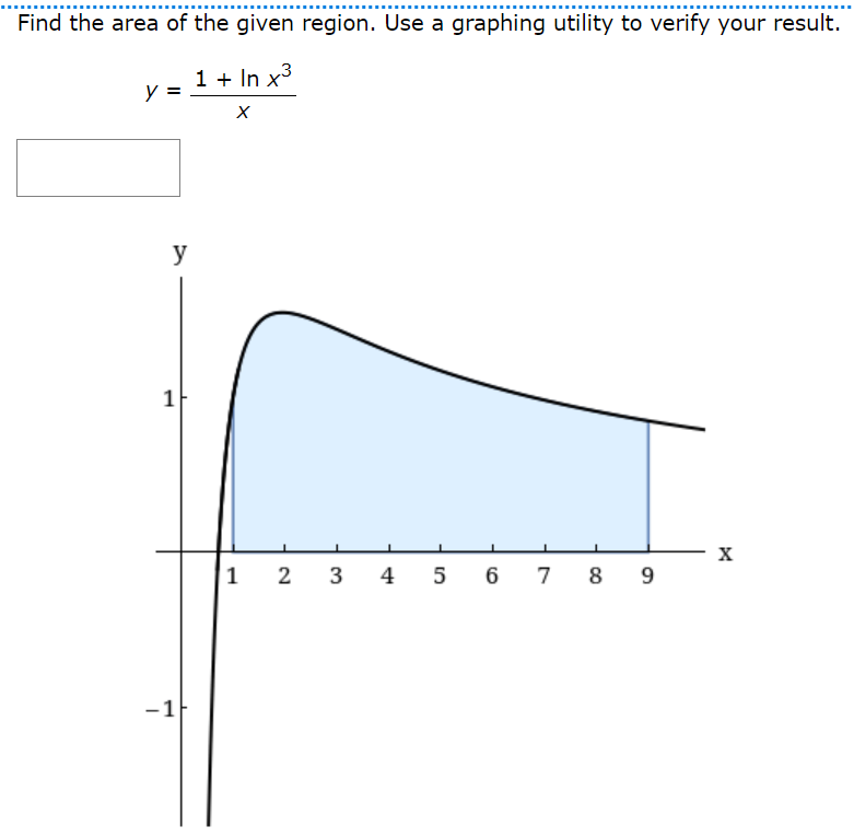 Find the area of the given region. Use a graphing utility to verify your result.
1 + In x3
y
y
1
— х
1
2
3
4
5
7
8 9
-1

