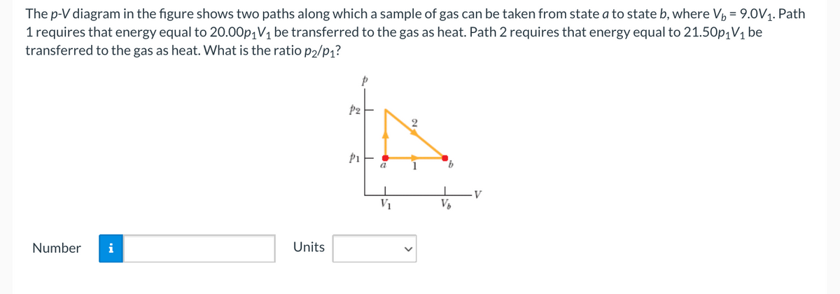 The p-V diagram in the figure shows two paths along which a sample of gas can be taken from state a to state b, where Vp = 9.0V1. Path
1 requires that energy equal to 20.00p|V1 be transferred to the gas as heat. Path 2 requires that energy equal to 21.50p¡V1 be
transferred to the gas as heat. What is the ratio p2/p1?
P2
2
P1
a
1
V
V1
Number
i
Units
