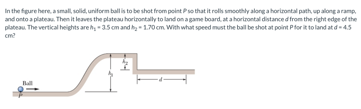 In the figure here, a small, solid, uniform ball is to be shot from point P so that it rolls smoothly along a horizontal path, up along a ramp,
and onto a plateau. Then it leaves the plateau horizontally to land on a game board, at a horizontal distanced from the right edge of the
plateau. The vertical heights are h, = 3.5 cm and h2 = 1.70 cm. With what speed must the ball be shot at point P for it to land at d = 4.5
cm?
Ball
