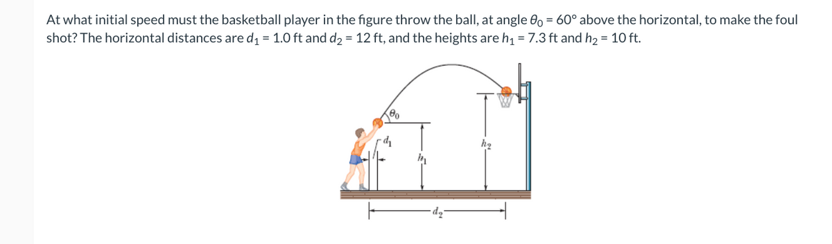 At what initial speed must the basketball player in the figure throw the ball, at angle 00 = 60° above the horizontal, to make the foul
shot? The horizontal distances are d, = 1.0 ft and d2 = 12 ft, and the heights are h, = 7.3 ft and h2 = 10 ft.
