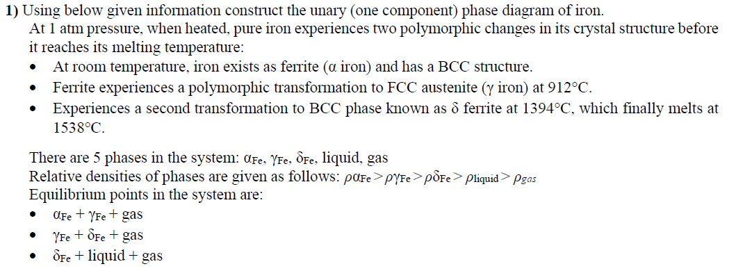1) Using below given information construct the unary (one component) phase diagram of iron.
At 1 atm pressure, when heated, pure iron experiences two polymorphic changes in its crystal structure before
it reaches its melting temperature:
At room temperature, iron exists as ferrite (a iron) and has a BCC structure.
Ferrite experiences a polymorphic transformation to FCC austenite (y iron) at 912°C.
Experiences a second transformation to BCC phase known as ô ferrite at 1394°C, which finally melts at
1538°C.
There are 5 phases in the system: dfe, YFe, OFe, liquid, gas
Relative densities of phases are given as follows: pafe>PYFE>pÖFe> Pliquid> Pgas
Equilibrium points in the system are:
AFe + YFe + gas
YFe + OFe + gas
dFe + liquid + gas
