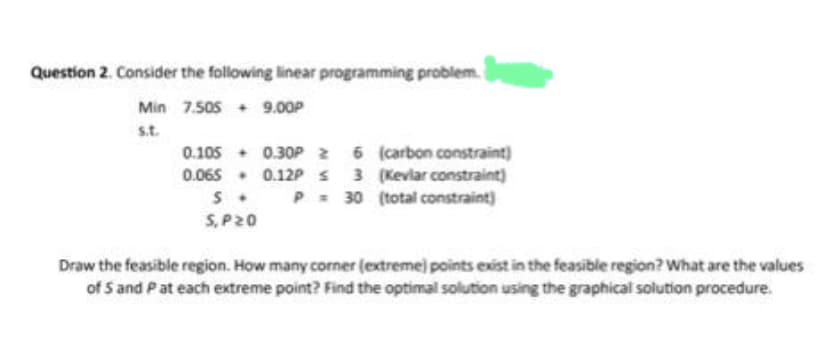 Question 2. Consider the following linear programming problem.
Min 7.505 9.00P
s.t.
0.105
0.065
S
S, P20
0.30P 26 (carbon constraint)
0.12P s 3 (Kevlar constraint)
P = 30 (total constraint)
Draw the feasible region. How many corner (extreme) points exist in the feasible region? What are the values
of 5 and P at each extreme point? Find the optimal solution using the graphical solution procedure.