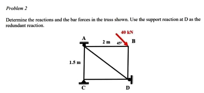 Problem 2
Determine the reactions and the bar forces in the truss shown. Use the support reaction at D as the
redundant reaction.
40 kN
A
2m 45° B
1.5 m
D
с