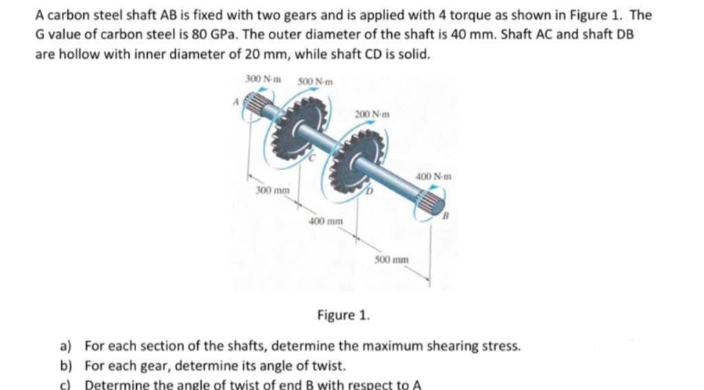 A carbon steel shaft AB is fixed with two gears and is applied with 4 torque as shown in Figure 1. The
G value of carbon steel is 80 GPa. The outer diameter of the shaft is 40 mm. Shaft AC and shaft DB
are hollow with inner diameter of 20 mm, while shaft CD is solid.
300 N-m
500 N-m
200 N-m
400 N-m
300 mm
400 mm
500 mm
Figure 1.
a) For each section of the shafts, determine the maximum shearing stress.
b) For each gear, determine its angle of twist.
c) Determine the angle of twist of end B with respect to A
