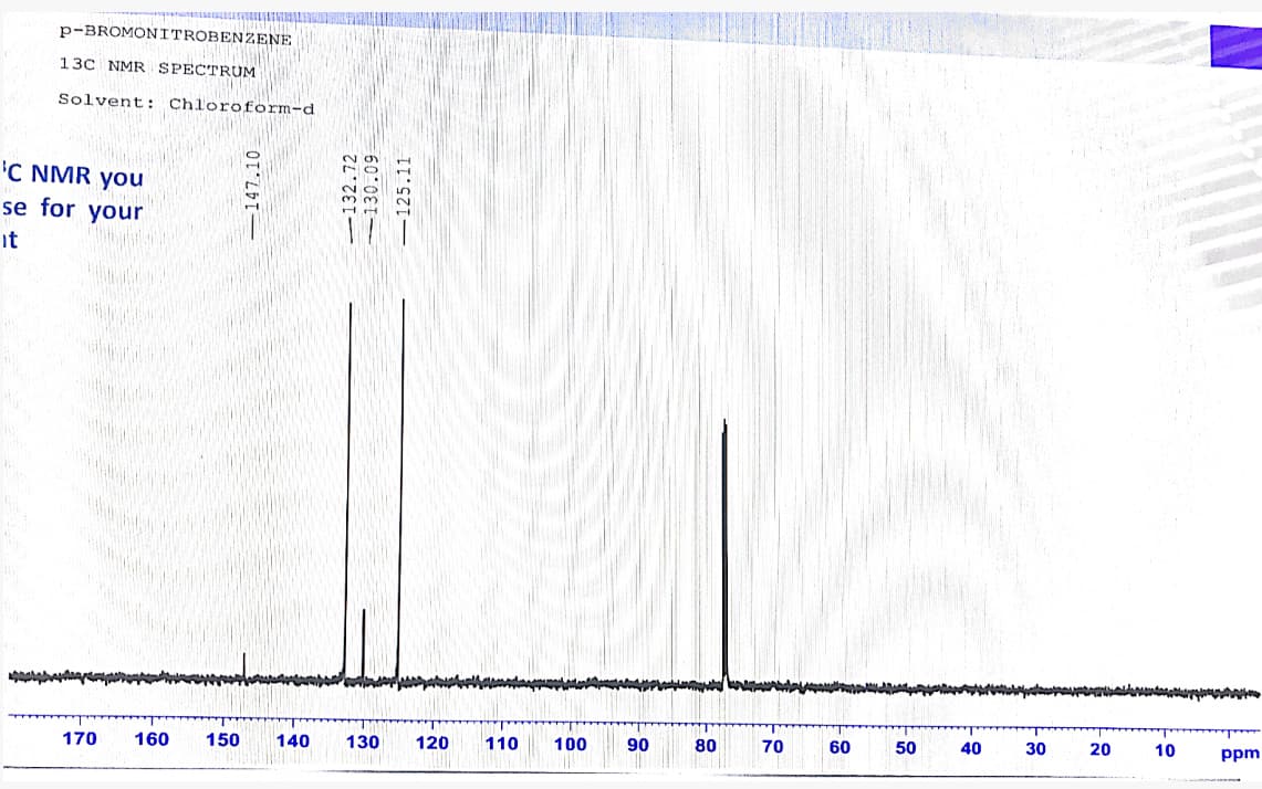 p-BROMONITROBENZENE
13C NMR SPECTRUM
Solvent: Chloroform-d
'C NMR you
se for your
it
170
160
150
140
130
120
110
100
90
80
70
60
50
40
30
20
10
ppm
–147,10
-132.72
130.09
-125.11
