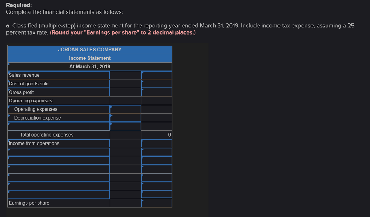 Required:
Complete the financial statements as follows:
a. Classified (multiple-step) income statement for the reporting year ended March 31, 2019. Include income tax expense, assuming a 25
percent tax rate. (Round your "Earnings per share" to 2 decimal places.)
JORDAN SALES COMPANY
Income Statement
At March 31, 2019
Sales revenue
Cost of goods sold
Gross profit
Operating expenses:
Operating expenses
Depreciation expense
Total operating expenses
Income from operations
Earnings per share
