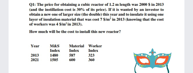 Ql: The price for obtaining a cubic reactor of 1.2 m length was 2000 $ in 2013
(and the instillation cost is 30% of its price). If it is wanted by an investor to
obtain a new one of larger size (the double) this year and to insulate it using one
layer of insulation material that was cost 7 $/m² in 2013 (knowing that the cost
of workers was 4 $/m² in 2013).
How much will be the cost to install this new reactor?
Year
M&S
Material Worker
sta
Index
Index
Index
2013
1480
587
323
360
2021
1505
600

