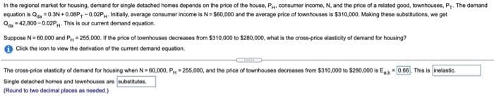 In the regional market for housing, demand for single detached homes depends on the price of the house, PH. consumer income, N. and the price of a related good, townhouses, Pr. The demand
equation is Qa =0.3N + 0.08P, -0.02PH Initially, average consumer income is N = $60,000 and the average price of townhouses is $310,000. Making these substitutions, we get
Qa 42,800 - 0.02PH. This is our current demand equation.
Suppose N= 60,000 and P= 255,000. If the price of townhouses decreases from $310,000 to $280,000, what is the cross-price elasticity of demand for housing?
O Cick the icon to view the derivation of the current demand equation.
The cross-price elasticity of demand for housing when N 60,000, P" 255,000, and the price of townhouses decreases from $310,000 to $280,000 is Ea "0.66. This is inelastic.
Single detached homes and townhouses are substitutes.
(Round to two decimal places as needed.)
