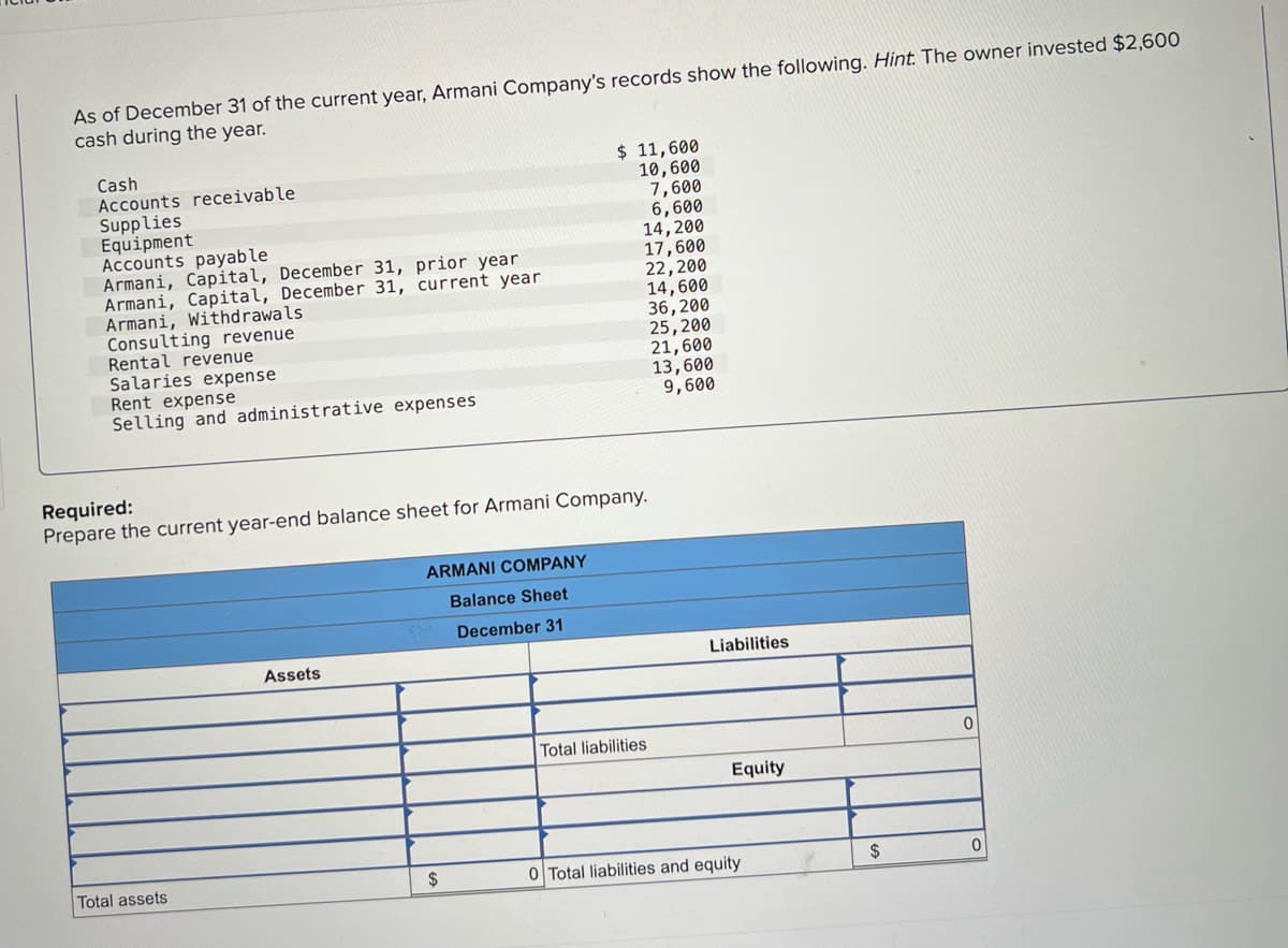 As of December 31 of the current year, Armani Company's records show the following. Hint. The owner invested $2,600
cash during the year.
$ 11,600
10,600
7,600
6,600
14,200
17,600
22,200
14,600
36,200
25,200
21,600
13,600
9,600
Cash
Accounts receivable
Supplies
Equipment
Accounts payable
Armani, Capital, December 31, prior year
Armani, Capital, December 31, current year
Armani, Withdrawals
Consulting revenue
Rental revenue
Salaries expense
Rent expense
Selling and administrative expenses
Required:
Prepare the current year-end balance sheet for Armani Company.
ARMANI COMPANY
Balance Sheet
December 31
Assets
Liabilities
Total liabilities
Equity
Total assets
2$
O Total liabilities and equity
24
