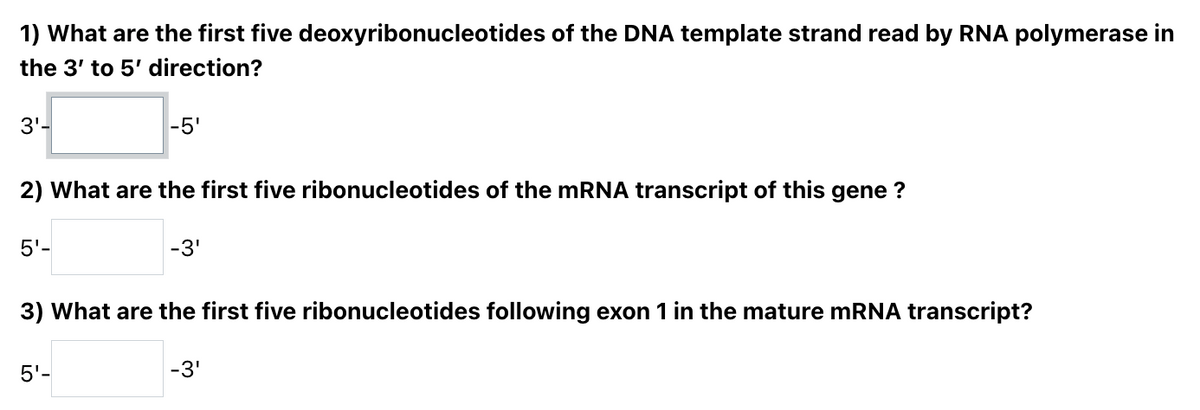1) What are the first five deoxyribonucleotides of the DNA template strand read by RNA polymerase in
the 3' to 5' direction?
3'-
-5'
2) What are the first five ribonucleotides of the mRNA transcript of this gene ?
5'-
-3'
3) What are the first five ribonucleotides following exon 1 in the mature mRNA transcript?
5'-
-3'
