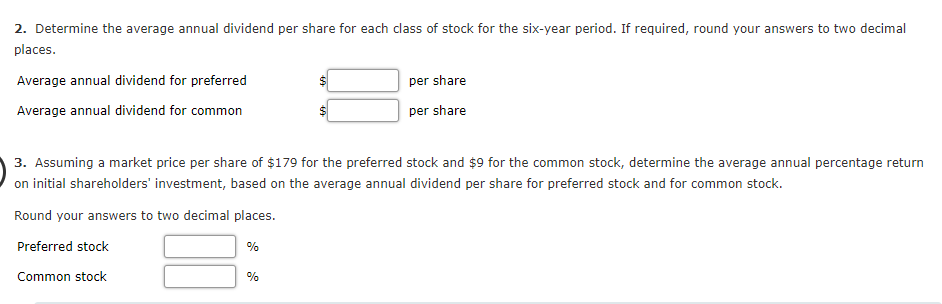 2. Determine the average annual dividend per share for each class of stock for the six-year period. If required, round your answers to two decimal
places.
Average annual dividend for preferred
per share
Average annual dividend for common
per share
3. Assuming a market price per share of $179 for the preferred stock and $9 for the common stock, determine the average annual percentage return
on initial shareholders' investment, based on the average annual dividend per share for preferred stock and for common stock.
Round your answers to two decimal places.
Preferred stock
%
Common stock
%
