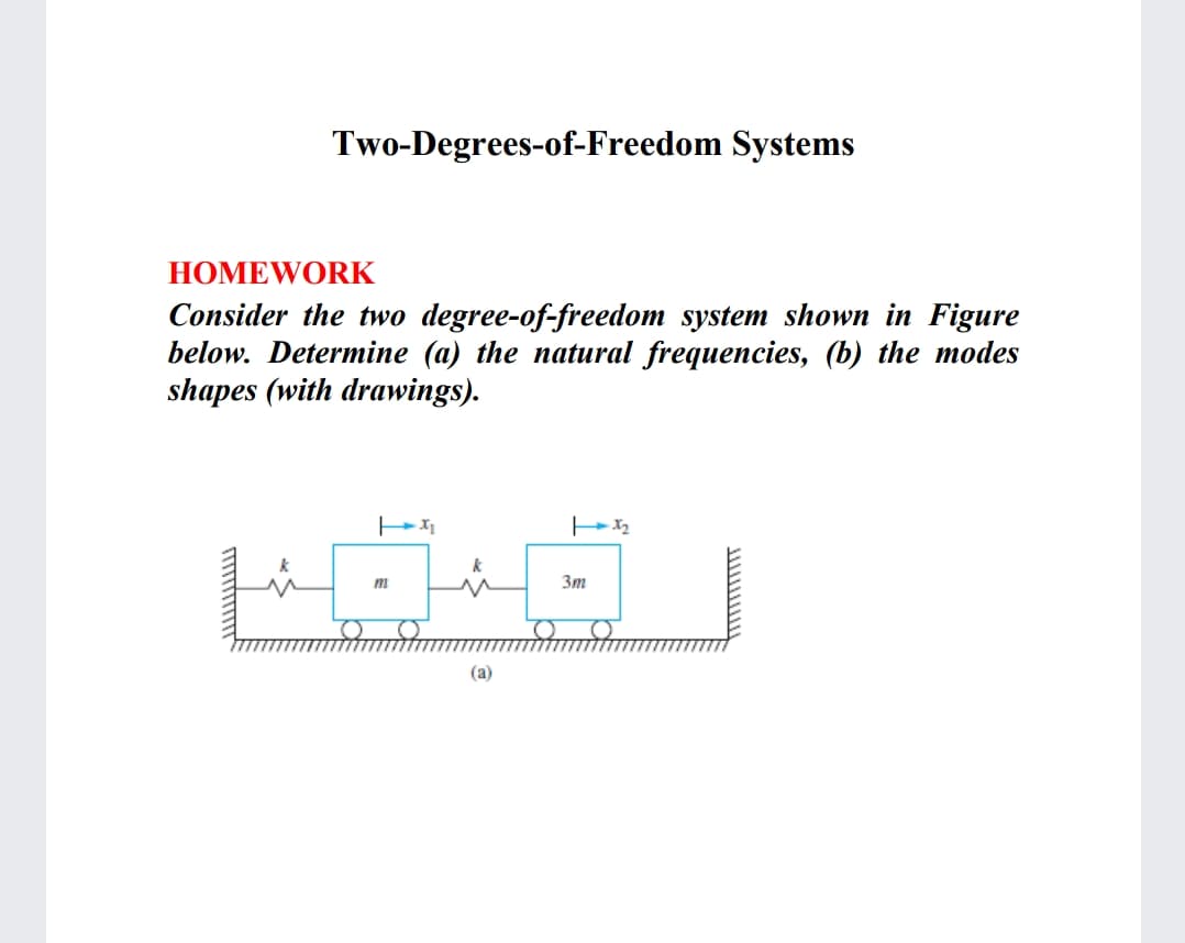 Two-Degrees-of-Freedom Systems
HOMEWORK
Consider the two degree-of-freedom system shown in Figure
below. Determine (a) the natural frequencies, (b) the modes
shapes (with drawings).
m
3m
(a)
