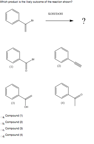 Which product is the likely outcome of the reaction shown?
КОНЕЮН
?
Br
Br
(1)
(2)
(3)
(4)
он
Compound (1)
a.
Compound (2)
Compound (3)
C.
Compound (4)
d.
