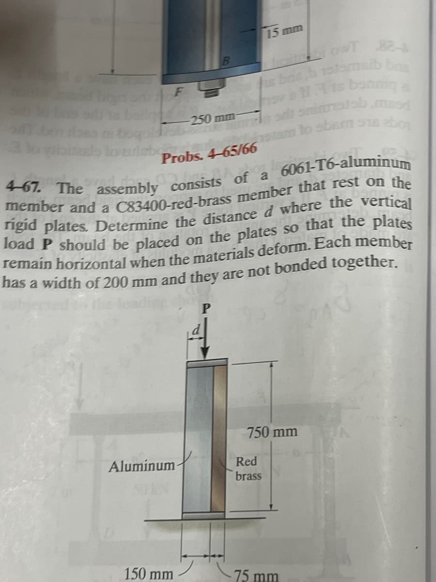 4-67. The assembly consists of a
15 mm
nsod
250mm
o loaulabo
Probs. 4-65/66
6061-T6-aluminum
nas a width of 200 mm and they are not bonded together.
750 mm
Aluminum-
Red
brass
150 mm
-75 mm
