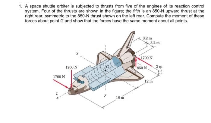 1. A space shuttle orbiter is subjected to thrusts from five of the engines of its reaction control
system. Four of the thrusts are shown in the figure; the fifth is an 850-N upward thrust at the
right rear, symmetric to the 850-N thrust shown on the left rear. Compute the moment of these
forces about point G and show that the forces have the same moment about all points.
1700 N
1700 N
18 m
3.2 m
3.2 m
1700 N
850 N.
12 m
2m