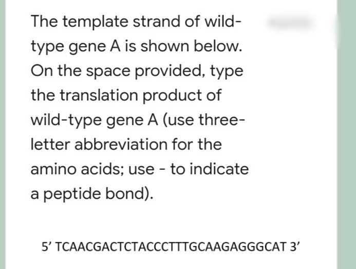 The template strand of wild-
type gene A is shown below.
On the space provided, type
the translation product of
wild-type gene A (use three-
letter abbreviation for the
amino acids; use - to indicate
a peptide bond).
5' TCAACGACTCTACCCTTTGCAAGAGGGCAT 3'
