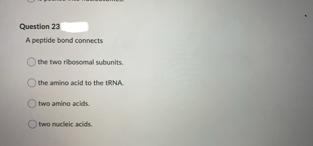 Question 23
A peptide bond connects
the two ribosomal subunits.
O the amino acid to the TRNA.
two amino acids.
two nucleic acids.
