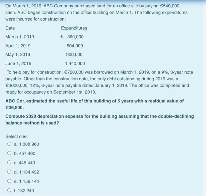 On March 1, 2019, ABC Company purchased land for an office site by paying €540,000
cash. ABC began construction on the office building on March 1. The following expenditures
were incurred for construction:
Date
Expenditures
March 1, 2019
€ 360,000
April 1, 2019
504,000
May 1, 2019
900,000
June 1, 2019
1,440,000
To help pay for construction, €720,000 was borrowed on March 1, 2019, on a 9%, 3-year note
payable. Other than the construction note, the only debt outstanding during 2019 was a
€3000,000, 12%, 6-year note payable dated January 1, 2019. The office was completed and
ready for occupancy on September 1st, 2019.
ABC Cor. estimated the useful life of this building of 5 years with a residual value of
€36,800.
Compute 2020 depreciation expense for the building assuming that the double-declining
balance method is used?
Select one:
O a. 1,308,960
O b. 457,400
O c. 445,440
O d. 1,134,432
O e. 1,158,144
O f. 182,240
